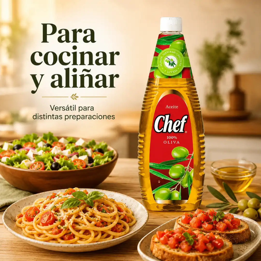 Botella de Aceite Chef 100% oliva de 1 litro, formato familiar para cocinar, aliñar y usar en ensaladas.