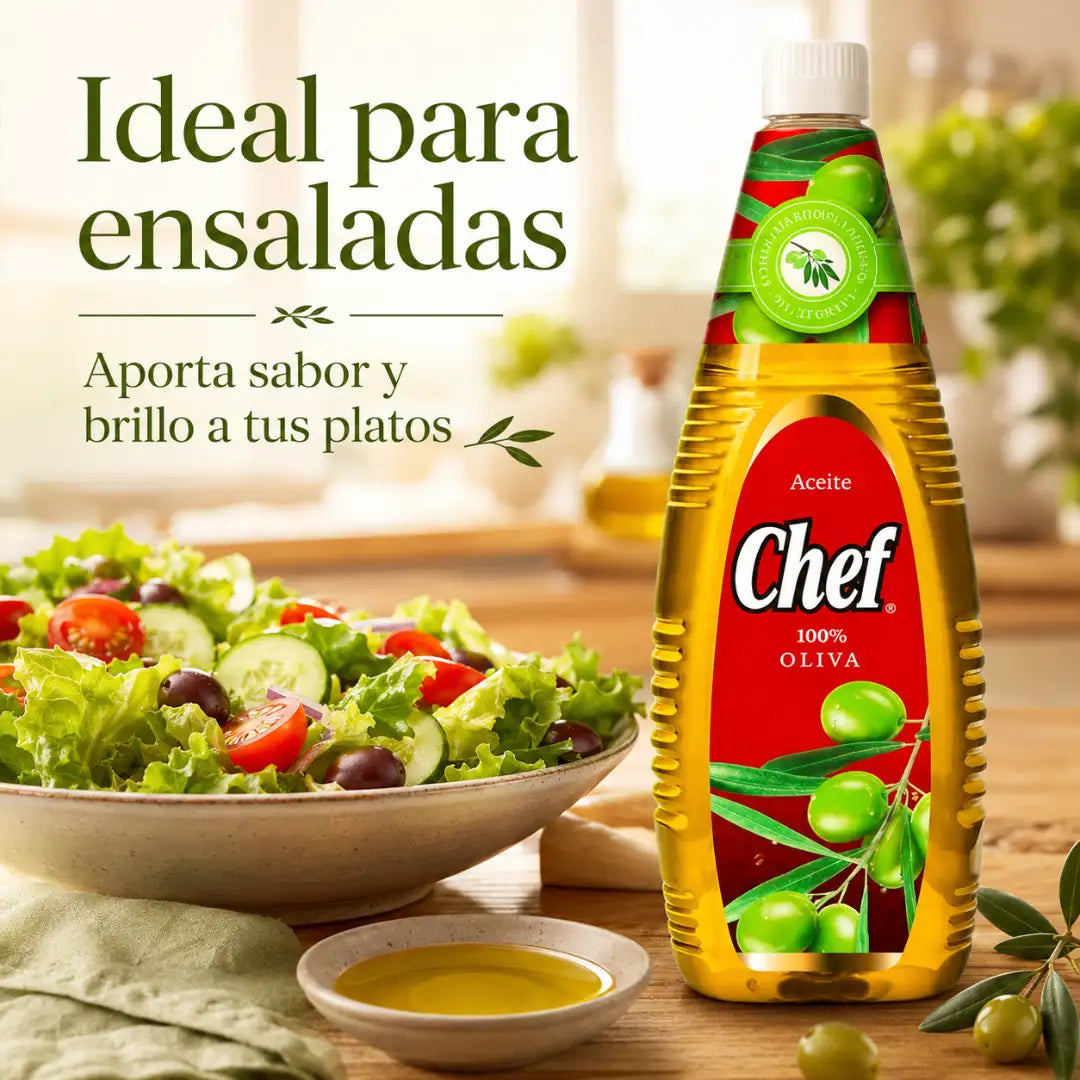 Botella de Aceite Chef 100% oliva de 1 litro, formato familiar para cocinar, aliñar y usar en ensaladas.