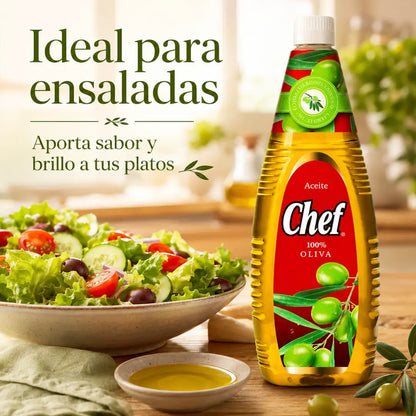 Botella de Aceite Chef 100% oliva de 1 litro, formato familiar para cocinar, aliñar y usar en ensaladas.