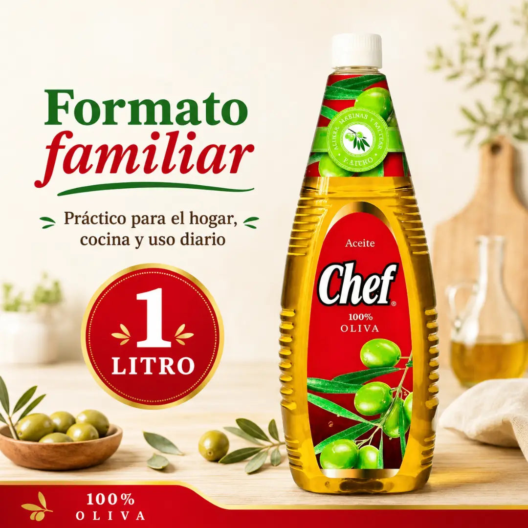 Botella de Aceite Chef 100% oliva de 1 litro, formato familiar para cocinar, aliñar y usar en ensaladas.