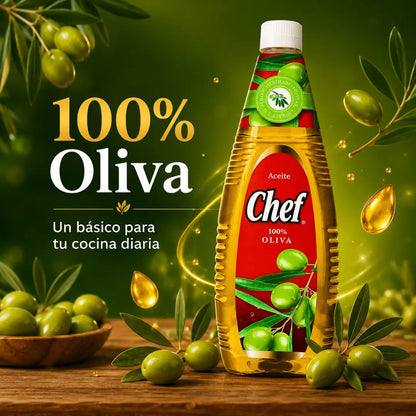 Botella de Aceite Chef 100% oliva de 1 litro, formato familiar para cocinar, aliñar y usar en ensaladas.