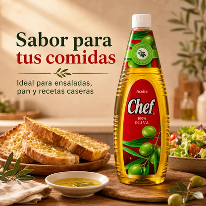 Botella de Aceite Chef 100% oliva de 1 litro, formato familiar para cocinar, aliñar y usar en ensaladas.