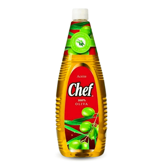 Botella de Aceite Chef 100% oliva de 1 litro, formato familiar para cocinar, aliñar y usar en ensaladas.