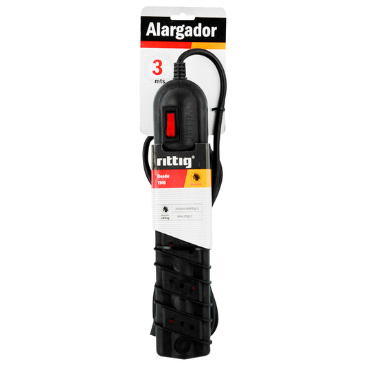 Alargador Rittig 3 Metros 5 Tomas – Negro con Sistema de Seguridad