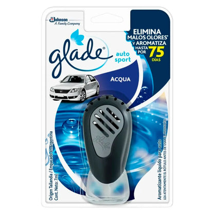 Aromatizante líquido Glade Auto Sport Acqua 7 ml para auto con aroma fresco y duración hasta 75 días.