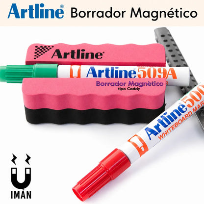 Borrador magnético Artline para pizarra con soporte para plumón, base imantada y diseño compacto rosado