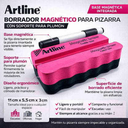 Borrador magnético Artline para pizarra con soporte para plumón, base imantada y diseño compacto rosado