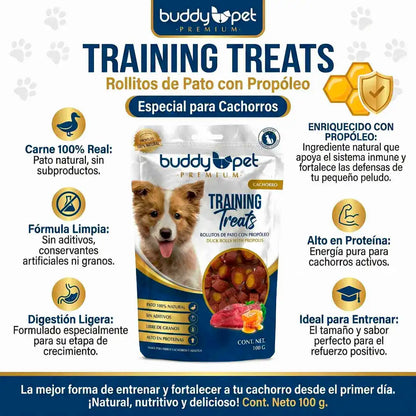 Premios para perro Buddy Pet Training Treats sabor pato con propóleo 100g snack entrenamiento cachorro sin granos
