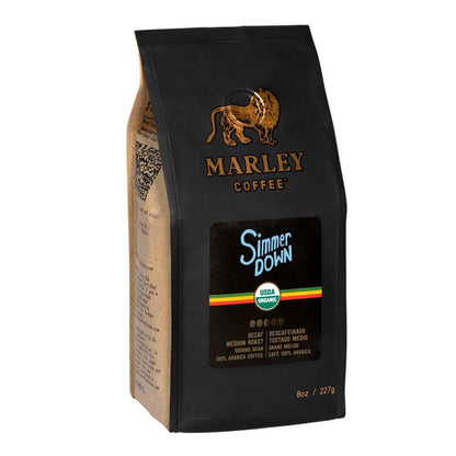 Café Marley Coffee Simmer Down molido descafeinado, tostado medio, orgánico y 100% arábica en envase de 227 g