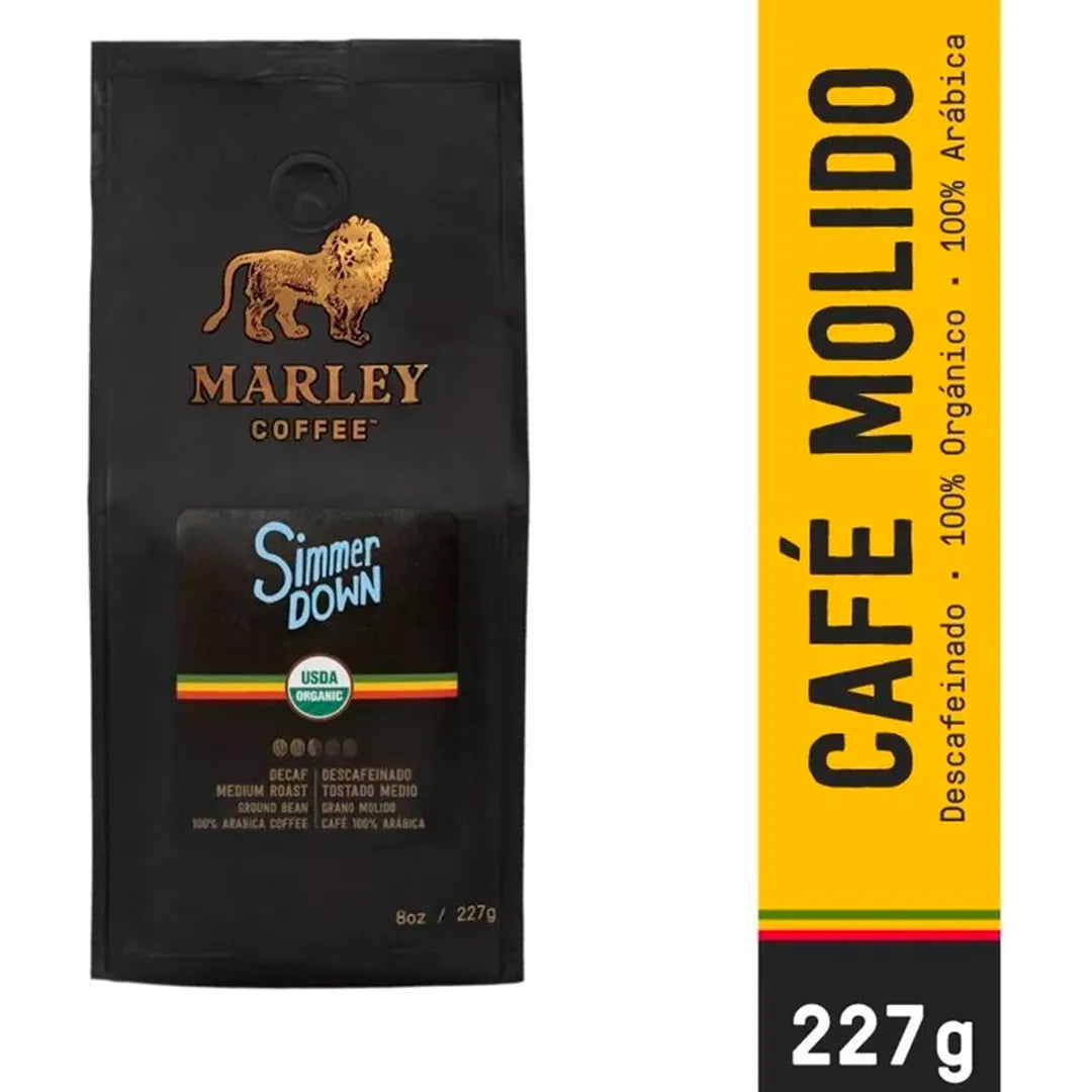 Café Marley Coffee Simmer Down molido descafeinado, tostado medio, orgánico y 100% arábica en envase de 227 g