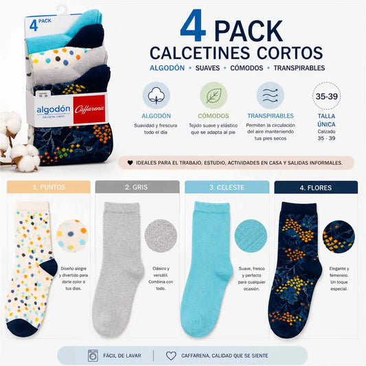 Pack de 4 calcetines cortos de mujer Caffarena de algodón talla 35-39 con diseños puntos, gris, celeste y flores