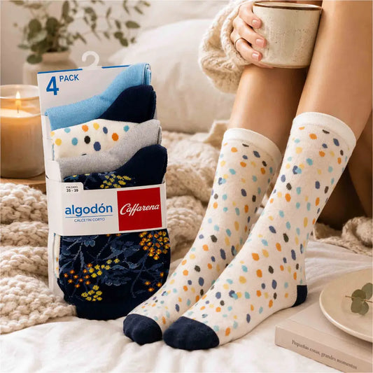 Pack de 4 calcetines cortos de mujer Caffarena de algodón talla 35-39 con diseños puntos, gris, celeste y flores