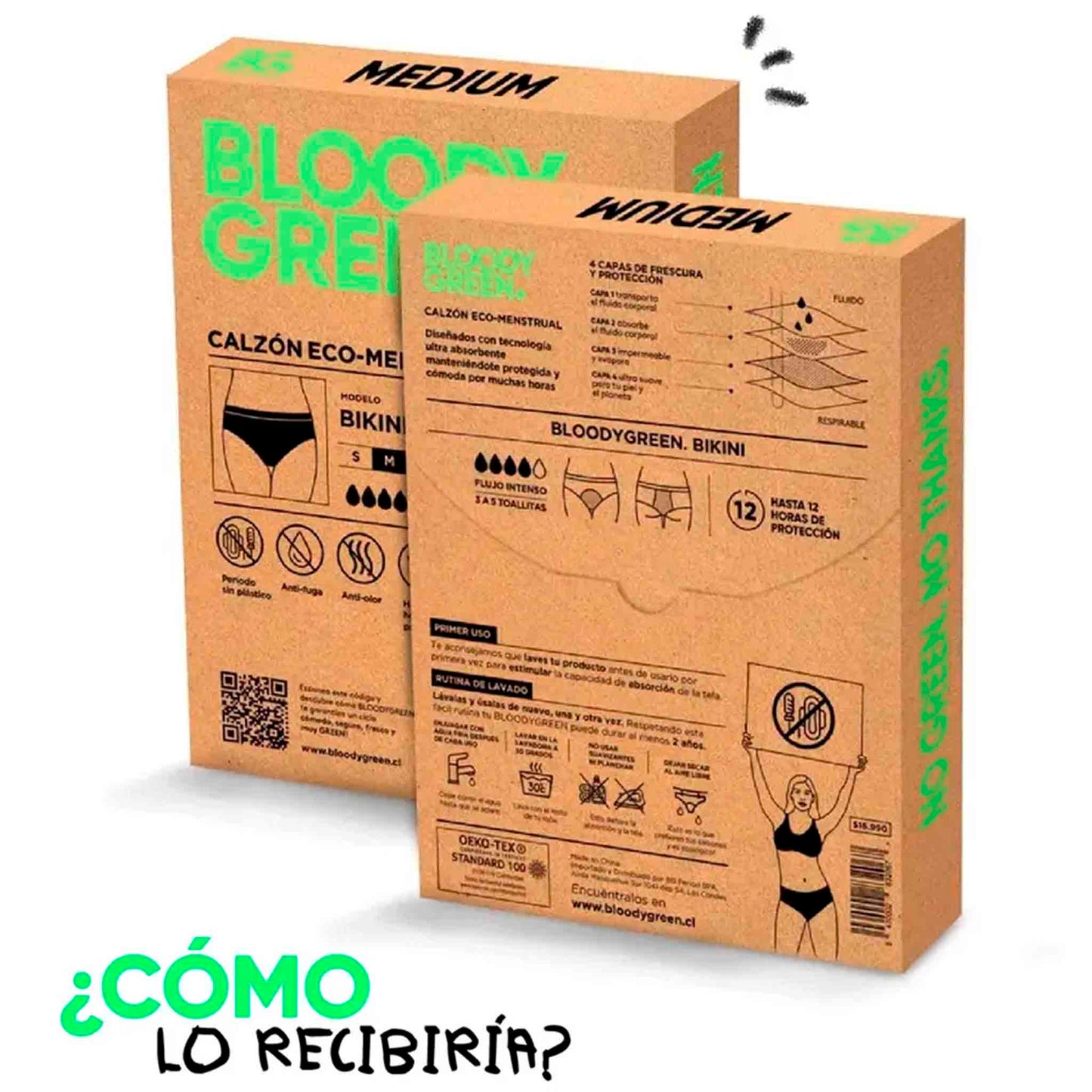 Calzón Menstrual Bikini Flujo Moderado -  BloodyGreen