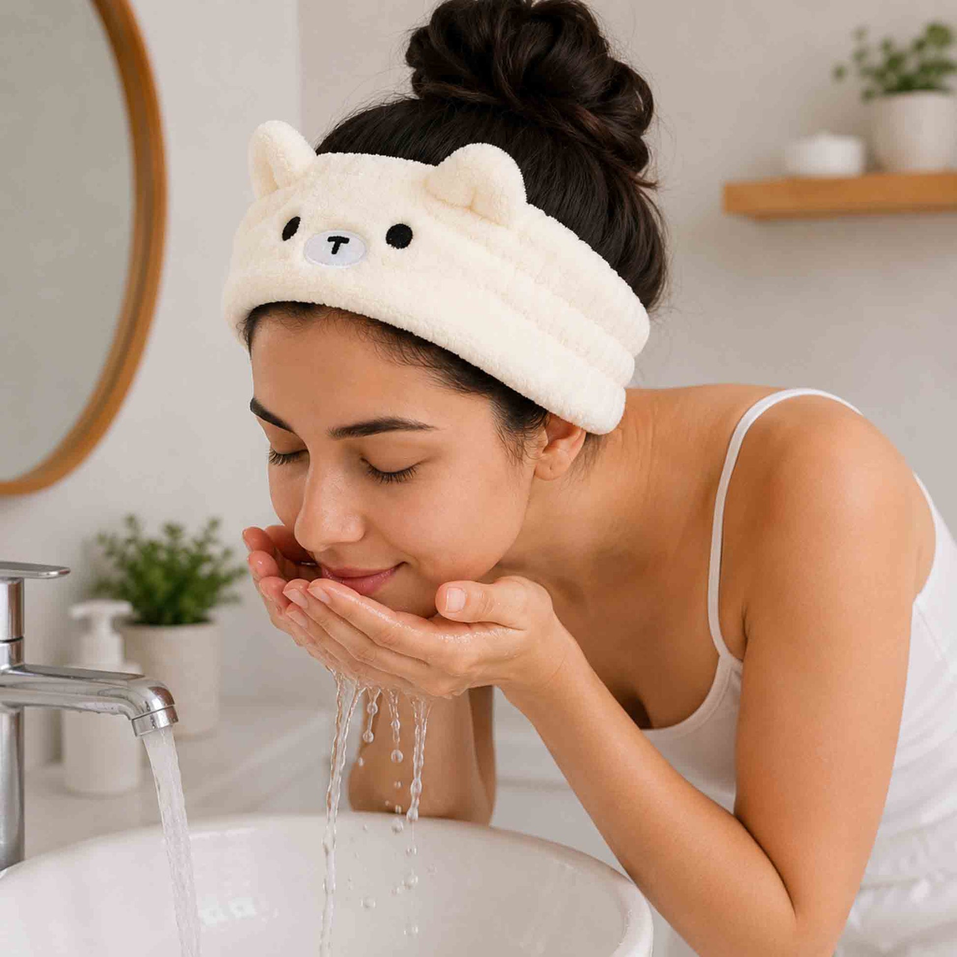 Cintillo de felpa Miniso para skincare y maquillaje, suave y absorbente, en diseño osito o rosa pastel.