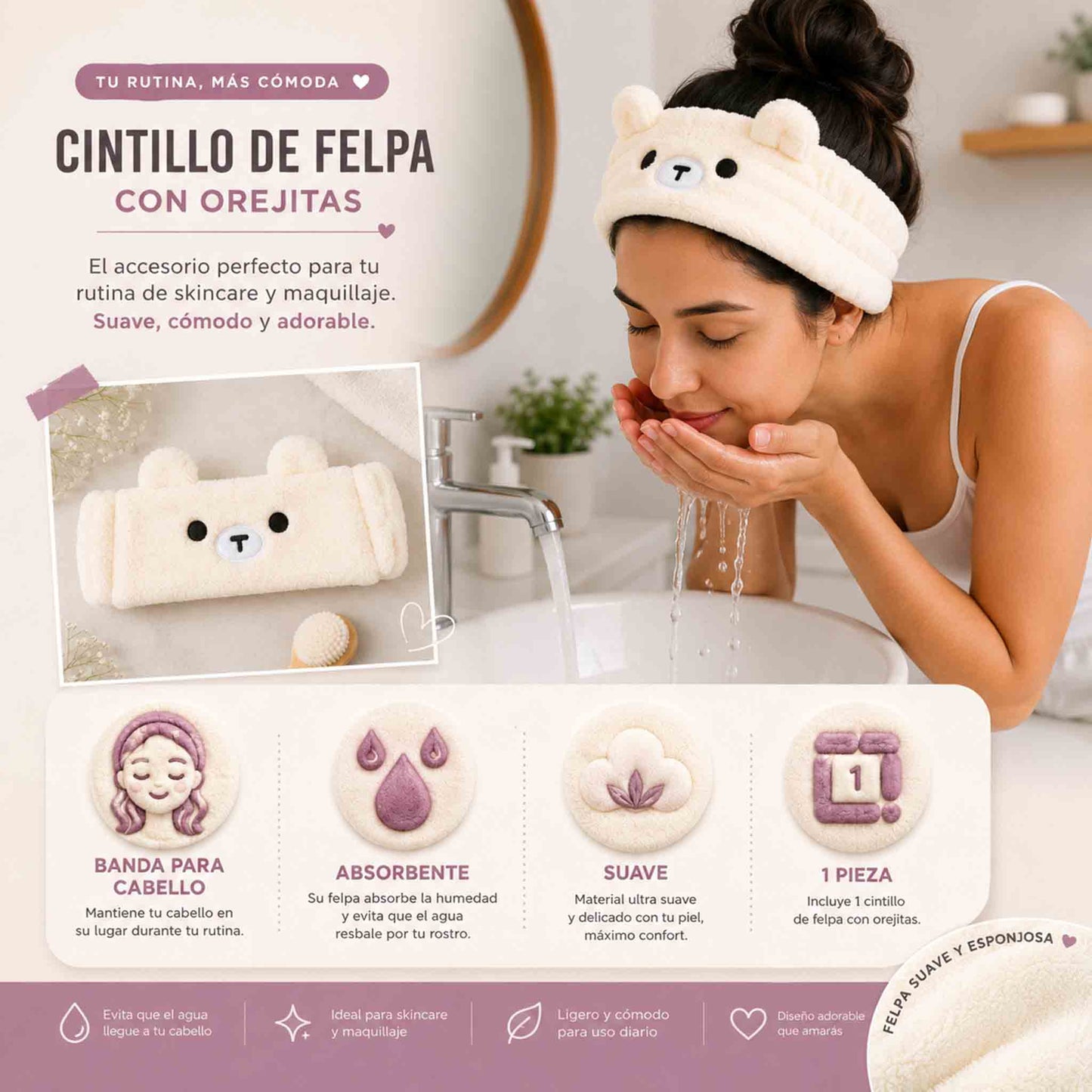 Cintillo de felpa Miniso para skincare y maquillaje, suave y absorbente, en diseño osito o rosa pastel.
