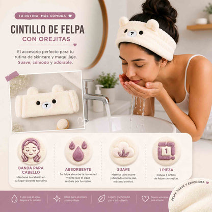 Cintillo de felpa Miniso para skincare y maquillaje, suave y absorbente, en diseño osito o rosa pastel.
