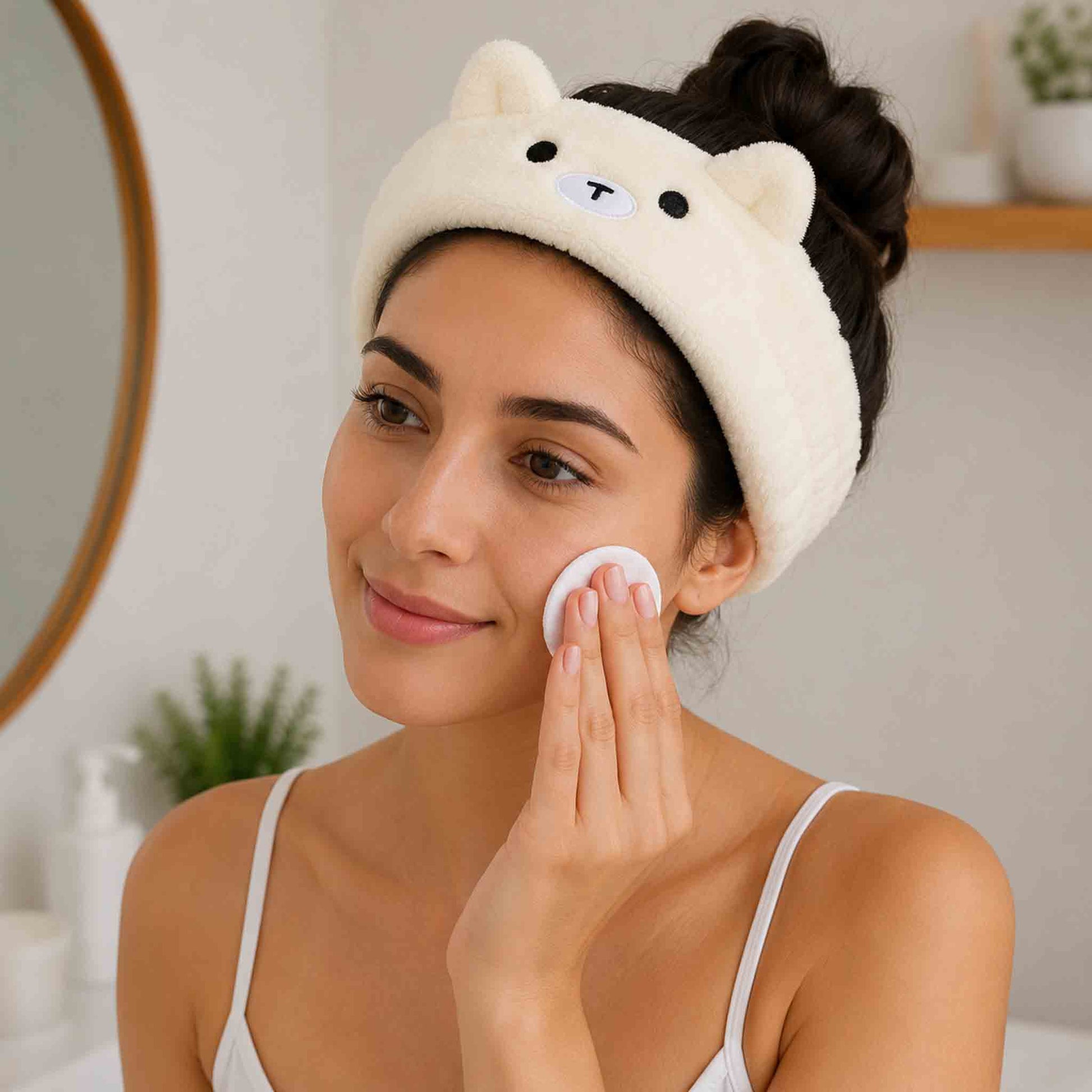 Cintillo de felpa Miniso para skincare y maquillaje, suave y absorbente, en diseño osito o rosa pastel.