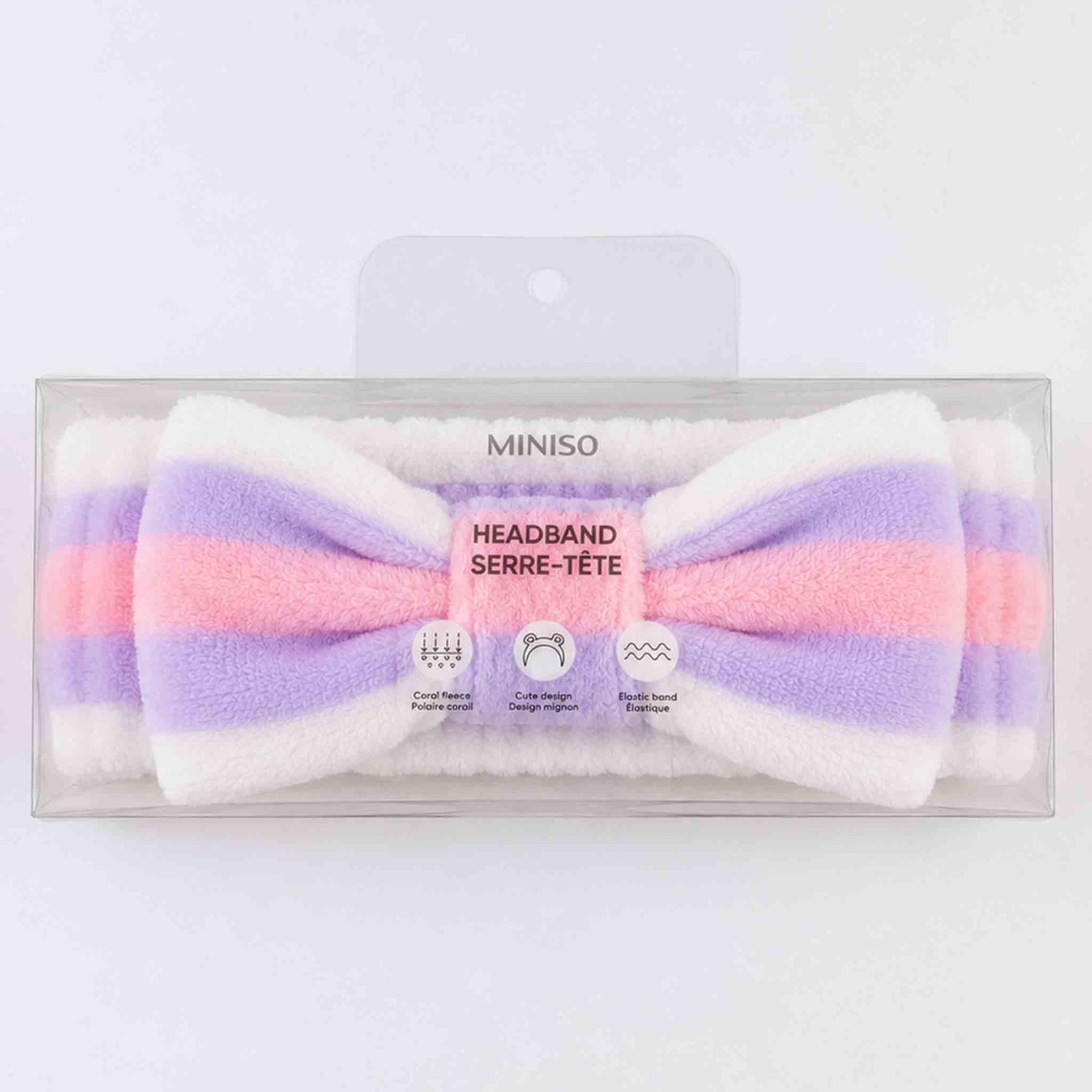 Cintillo de felpa Miniso para skincare y maquillaje, suave y absorbente, en diseño osito o rosa pastel.