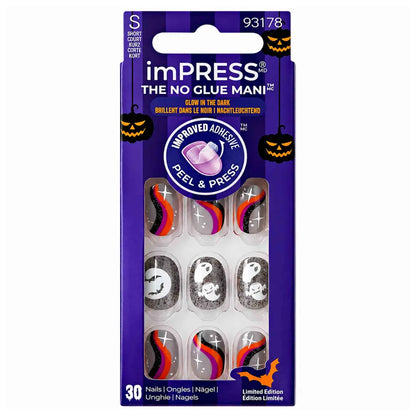 Uñas postizas imPRESS Glow in the Dark que brillan en la noche, adhesivas sin pegamento y formato short de 30 unidades.