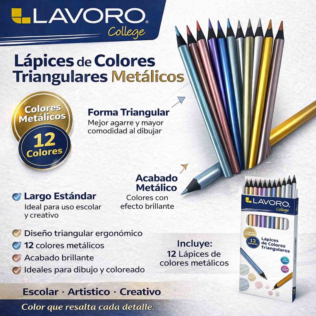 Lápices Metálicos Lavoro 12 Colores Triangulares Brillantes