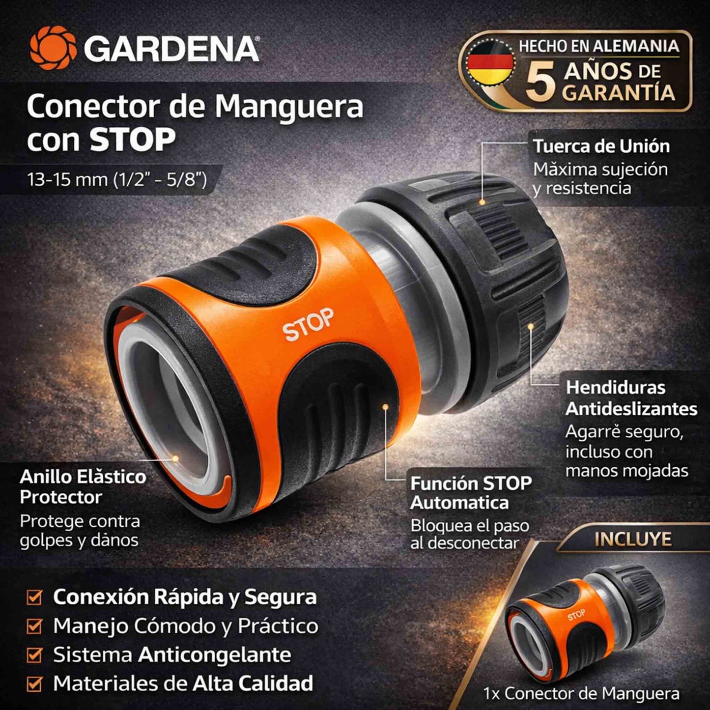 Conector rápido Gardena Aqua Stop para manguera 1/2 a 5/8 pulgadas