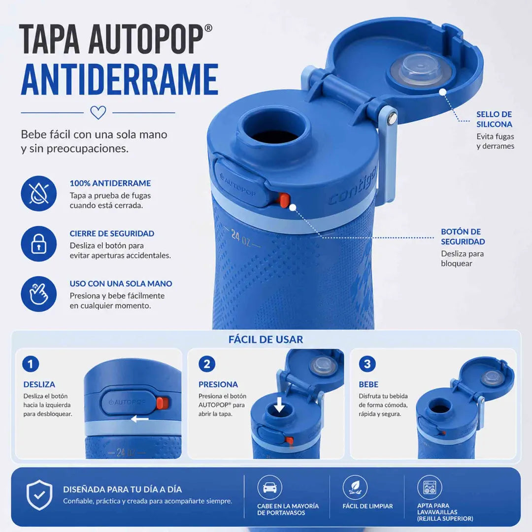 Botella Contigo Ally Love azul de 709 ml con tapa Autopop antiderrame, textura mate y bloqueo seguro.