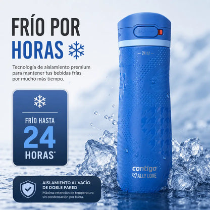 Botella Contigo Ally Love azul de 709 ml con tapa Autopop antiderrame, textura mate y bloqueo seguro.