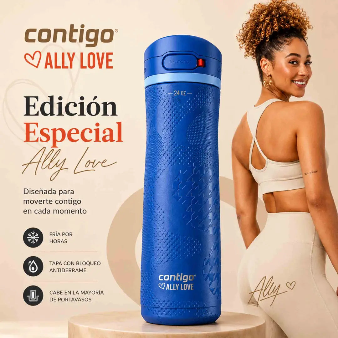 Botella Contigo Ally Love azul de 709 ml con tapa Autopop antiderrame, textura mate y bloqueo seguro.
