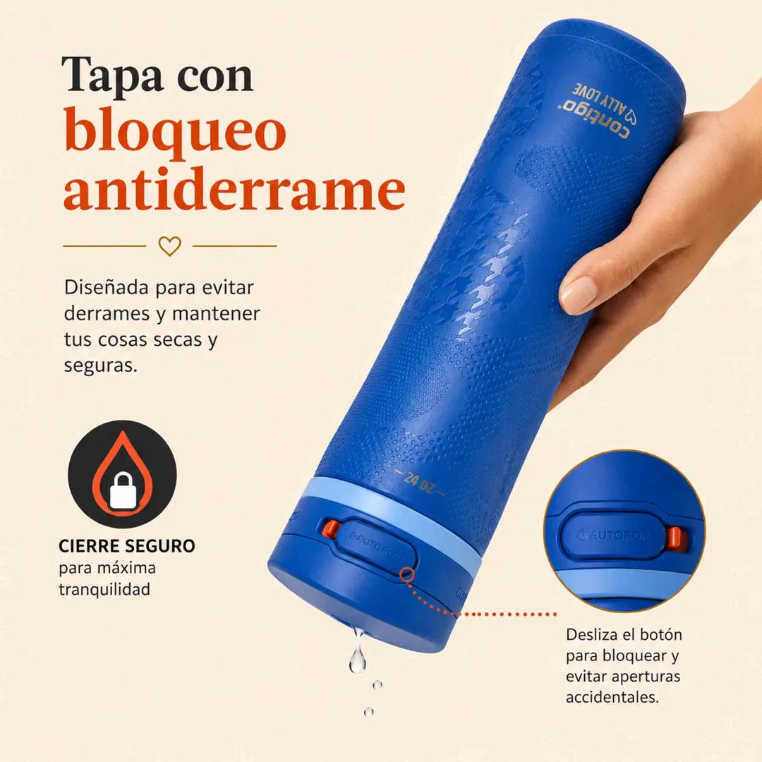 Botella Contigo Ally Love azul de 709 ml con tapa Autopop antiderrame, textura mate y bloqueo seguro.