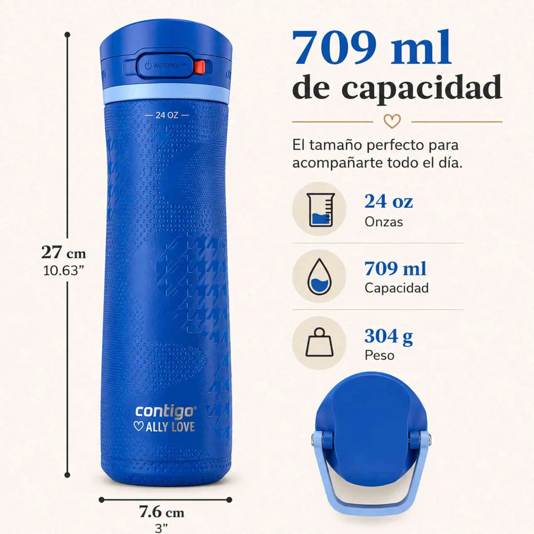 Botella Contigo Ally Love azul de 709 ml con tapa Autopop antiderrame, textura mate y bloqueo seguro.