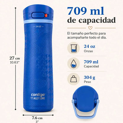 Botella Contigo Ally Love azul de 709 ml con tapa Autopop antiderrame, textura mate y bloqueo seguro.