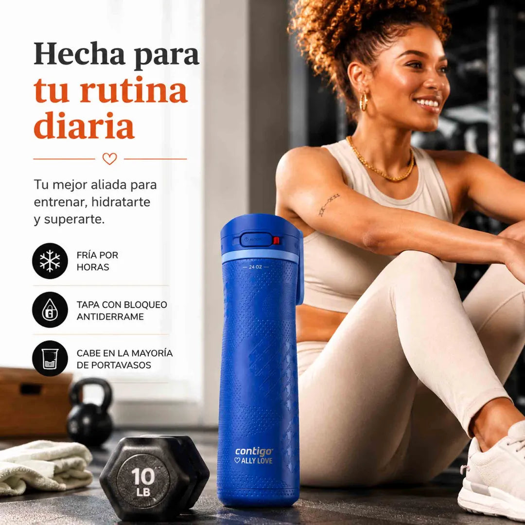Botella Contigo Ally Love azul de 709 ml con tapa Autopop antiderrame, textura mate y bloqueo seguro.
