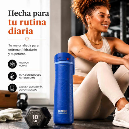 Botella Contigo Ally Love azul de 709 ml con tapa Autopop antiderrame, textura mate y bloqueo seguro.