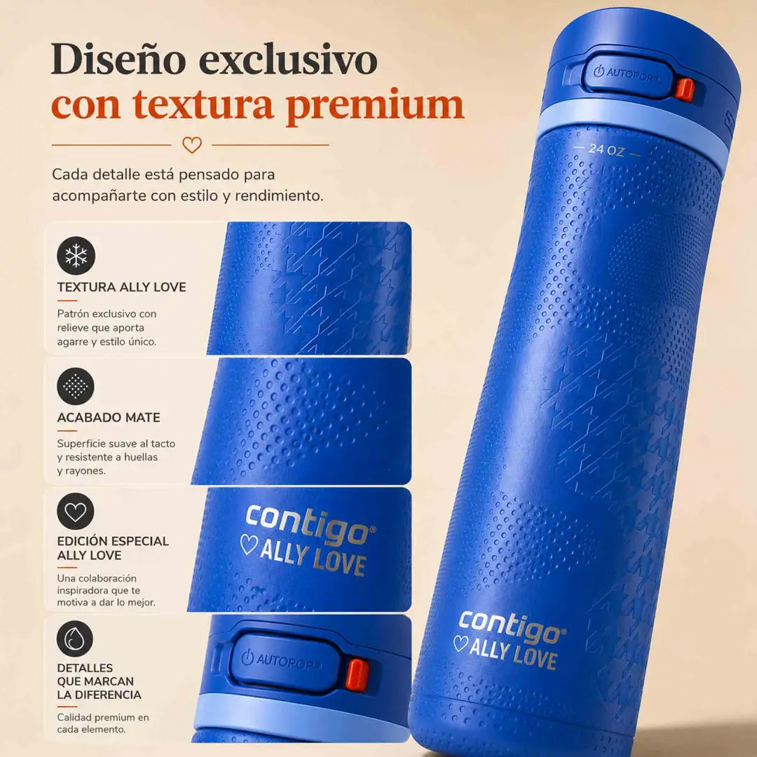 Botella Contigo Ally Love azul de 709 ml con tapa Autopop antiderrame, textura mate y bloqueo seguro.