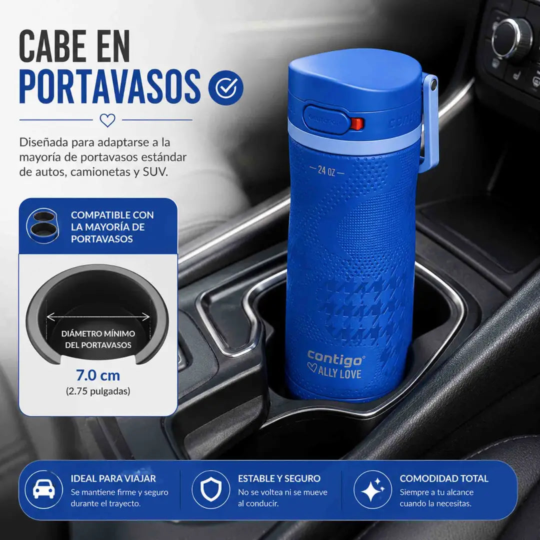 Botella Contigo Ally Love azul de 709 ml con tapa Autopop antiderrame, textura mate y bloqueo seguro.