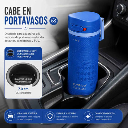 Botella Contigo Ally Love azul de 709 ml con tapa Autopop antiderrame, textura mate y bloqueo seguro.