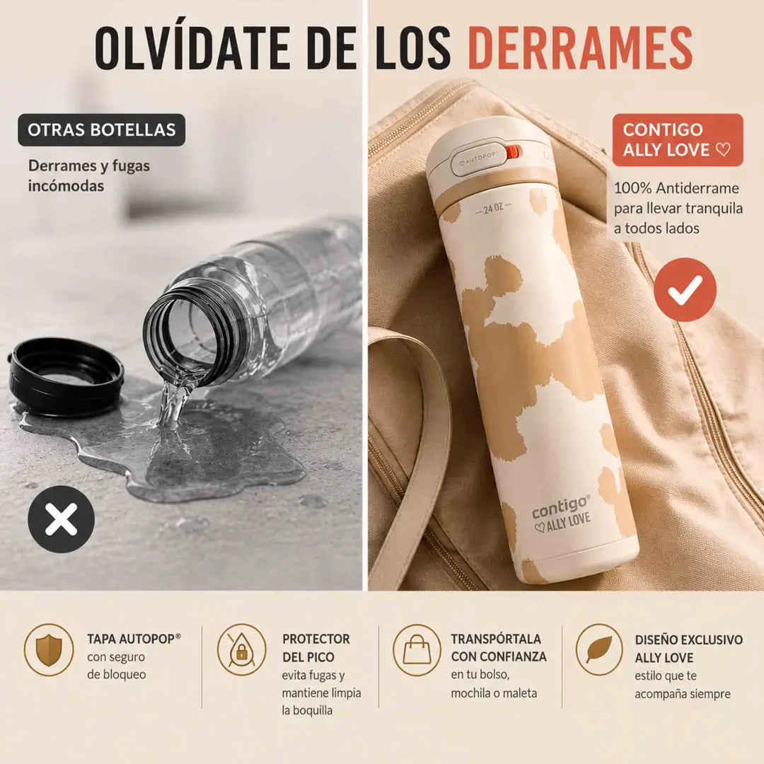 Botella Contigo Ally Love Jackson Chill 709 ml beige con tapa Autopop y acero inoxidable de doble pared
