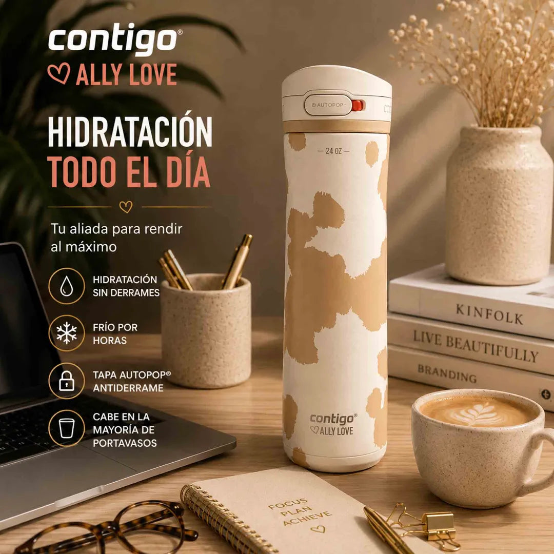 Botella Contigo Ally Love Jackson Chill 709 ml beige con tapa Autopop y acero inoxidable de doble pared