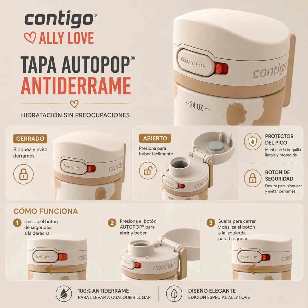 Botella Contigo Ally Love Jackson Chill 709 ml beige con tapa Autopop y acero inoxidable de doble pared