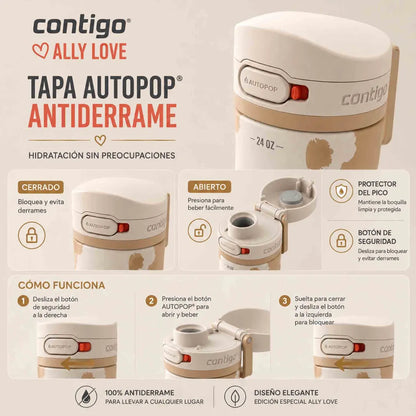 Botella Contigo Ally Love Jackson Chill 709 ml beige con tapa Autopop y acero inoxidable de doble pared