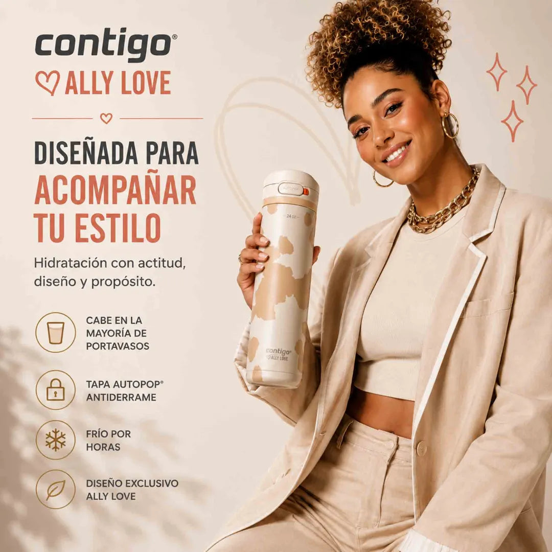 Botella Contigo Ally Love Jackson Chill 709 ml beige con tapa Autopop y acero inoxidable de doble pared