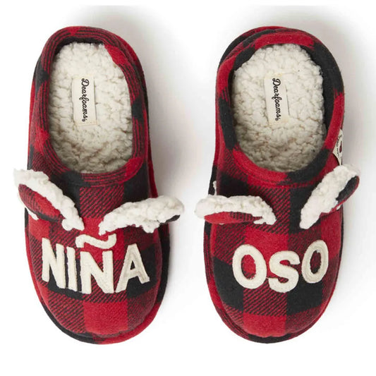 Pantuflas Dearfoams para niña Niña Oso Buffalo Check con interior suave, memory foam y suela TPR
