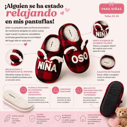 Pantuflas Dearfoams para niña Niña Oso Buffalo Check con interior suave, memory foam y suela TPR
