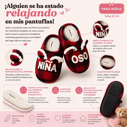 Pantuflas Dearfoams para niña Niña Oso Buffalo Check con interior suave, memory foam y suela TPR