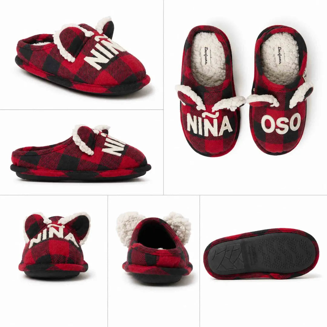 Pantuflas Dearfoams para niña Niña Oso Buffalo Check con interior suave, memory foam y suela TPR