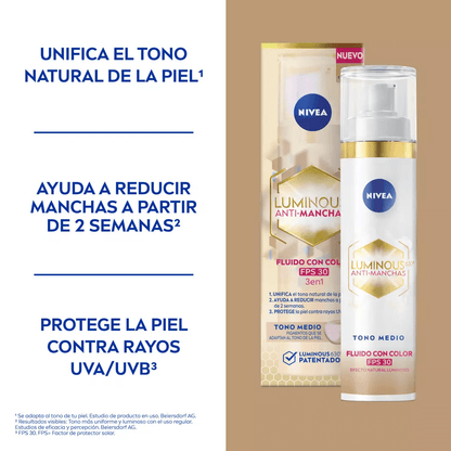 Nivea Luminous 630 Fluido con Color Tono Medio FPS30 – Unifica, corrige y protege en un solo paso NIVEA- Dermocosmetica_belleza_online