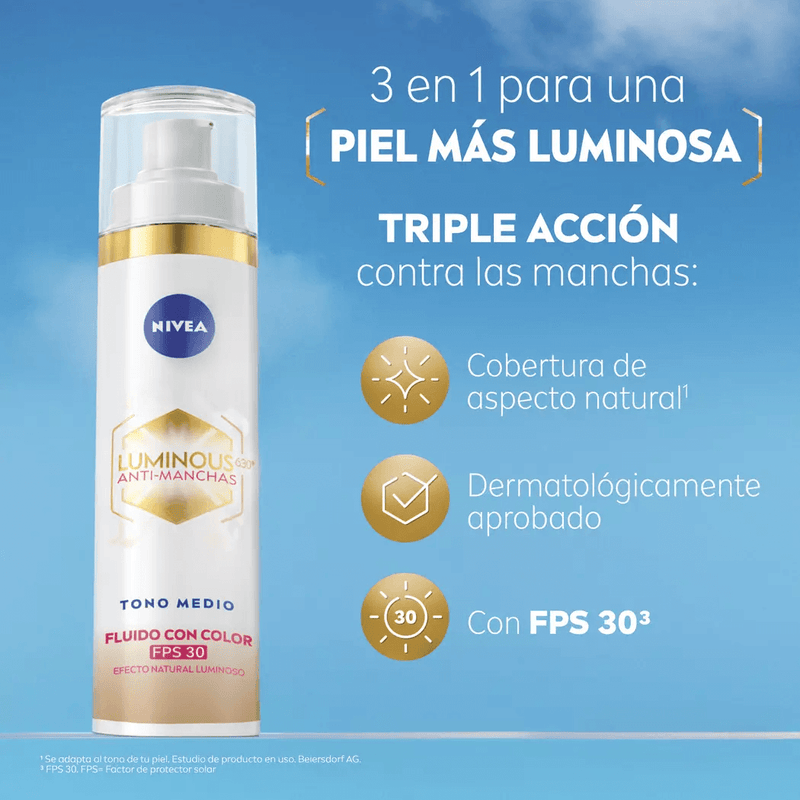 Nivea Luminous 630 Fluido con Color Tono Medio FPS30 – Unifica, corrige y protege en un solo paso NIVEA- Dermocosmetica_belleza_online