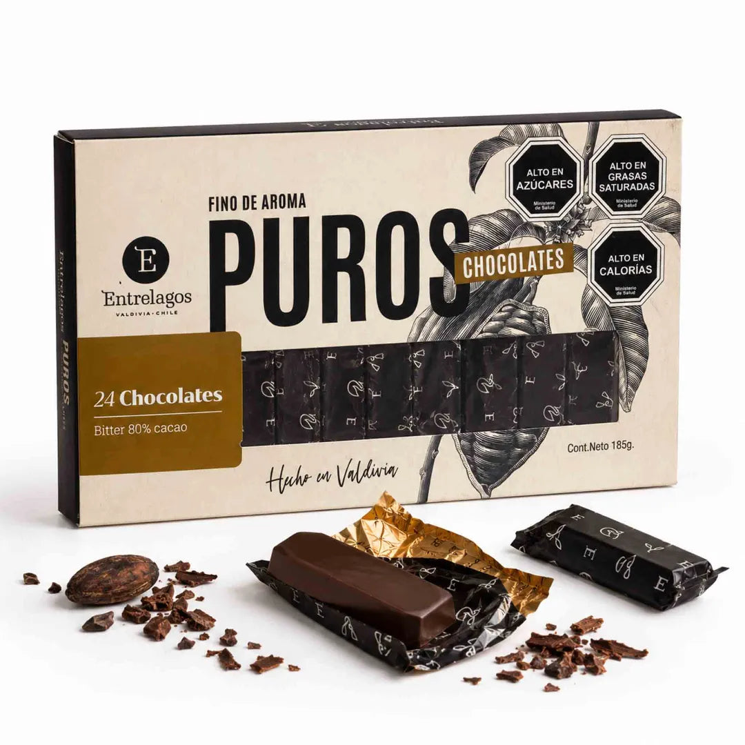 Chocolate Entrelagos Puros 80% cacao en formato de 24 barritas individuales, caja de 185 g hecha en Valdivia