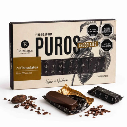 Chocolate Entrelagos Puros 80% cacao en formato de 24 barritas individuales, caja de 185 g hecha en Valdivia