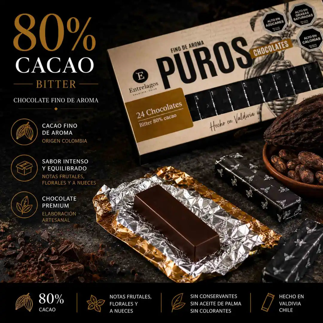 Chocolate Entrelagos Puros 80% cacao en formato de 24 barritas individuales, caja de 185 g hecha en Valdivia